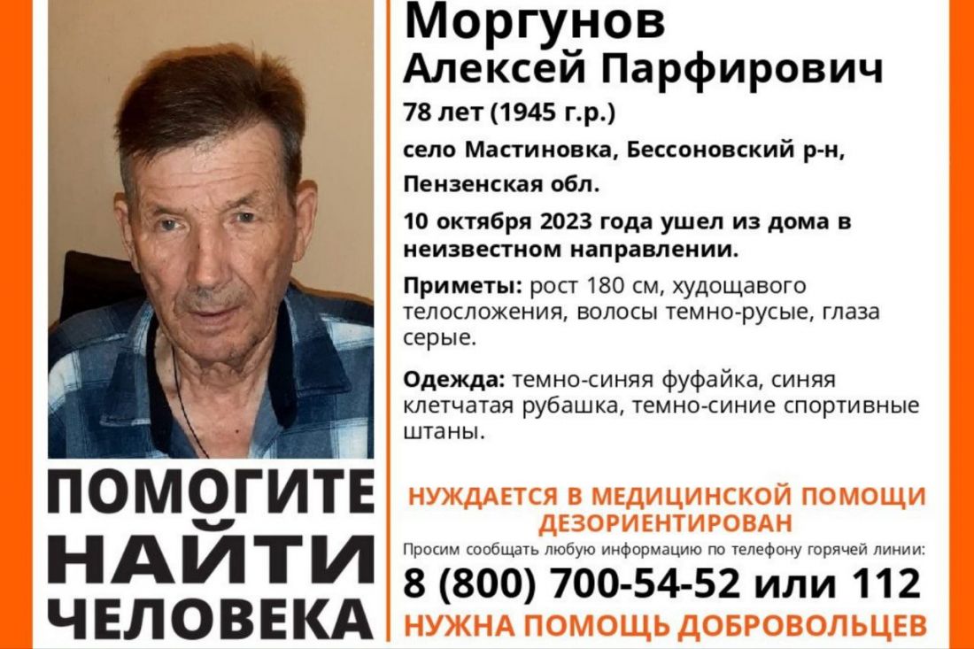 В Бессоновском районе пропал 78-летний мужчина