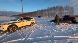 В Лунинском районе автоинспекторы вытащили машину, увязшую в снегу