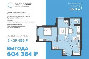 2-комнатная евро в «Созвездии» с выгодой 600 тыс. рублей
