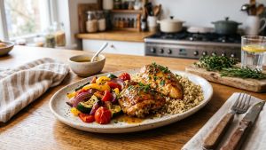 Ужин за 30 минут: курица в медово-горчичном соусе с овощами и булгуром